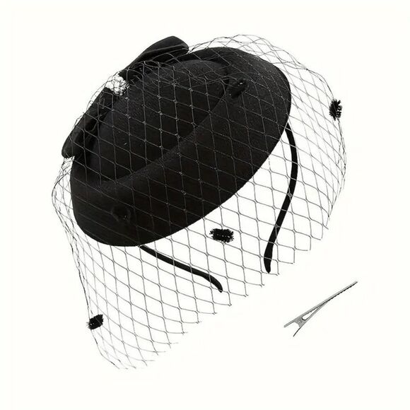 🖤 Pinup Accessory 1950s Retro Vintage Fascinator Black Pillbox Pearl Veil Hat - Picture 3 of 13